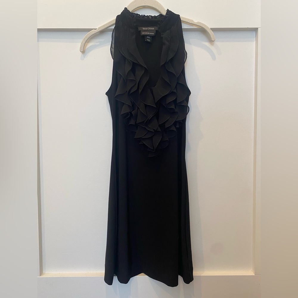 White House Black Market  XXS women’s sleeveless black dress, ruffle front.
